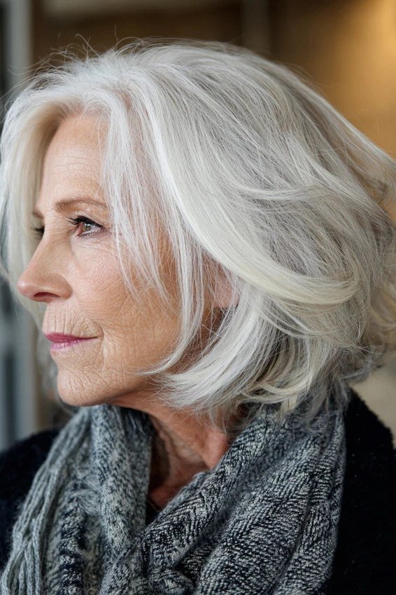 White shaggy bob with soft volume for women over 60, front view