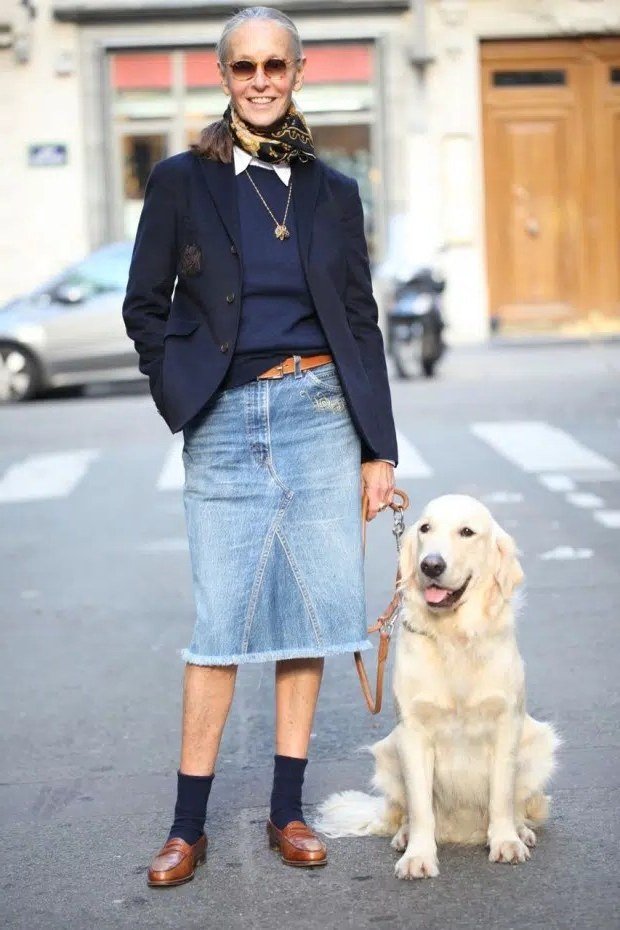 Navy blazer with denim midi skirt for women over 60