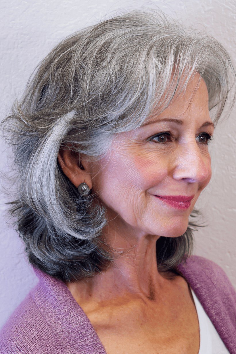 Grey lob, side view, woman in her 60s