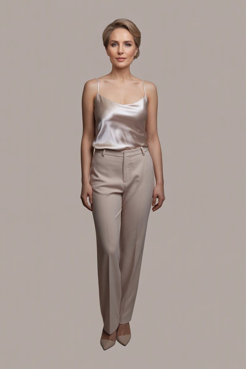 Silver camisole with taupe satin wide leg pants, glamorous evening outfit for women over 40