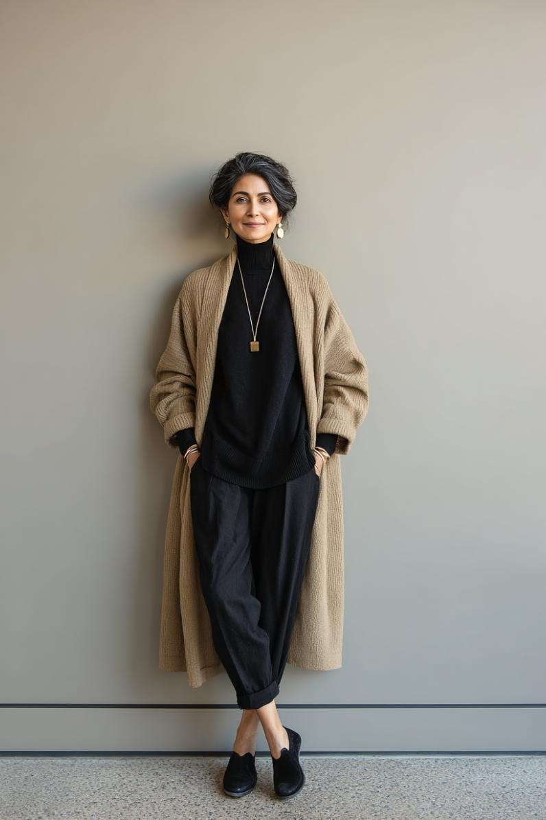 Tan long coat with black turtleneck and black wide trousers for women over 50