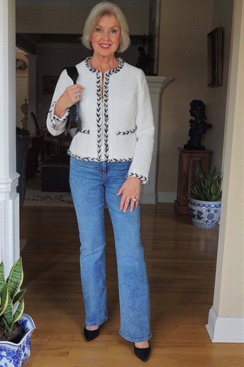 White Crochet Cardigan With Blue Jeans, smart casual outfit for women over 50