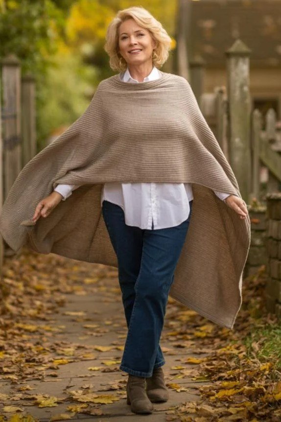 camel poncho, white shirt and autumn path fall outfit for women over 60