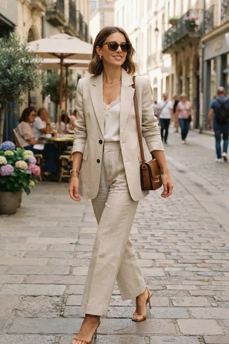 Sand linen suit with sunglasses, cobblestone street for women over 60