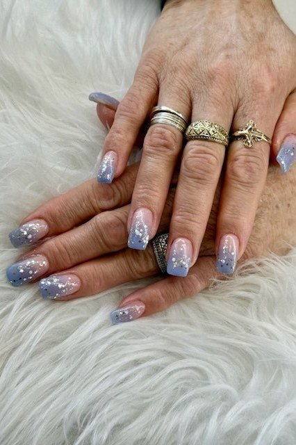 Icy Blue Glitter Tip Nails - icy blue glitter tips mature hands, glitter winter nail design for women over 60