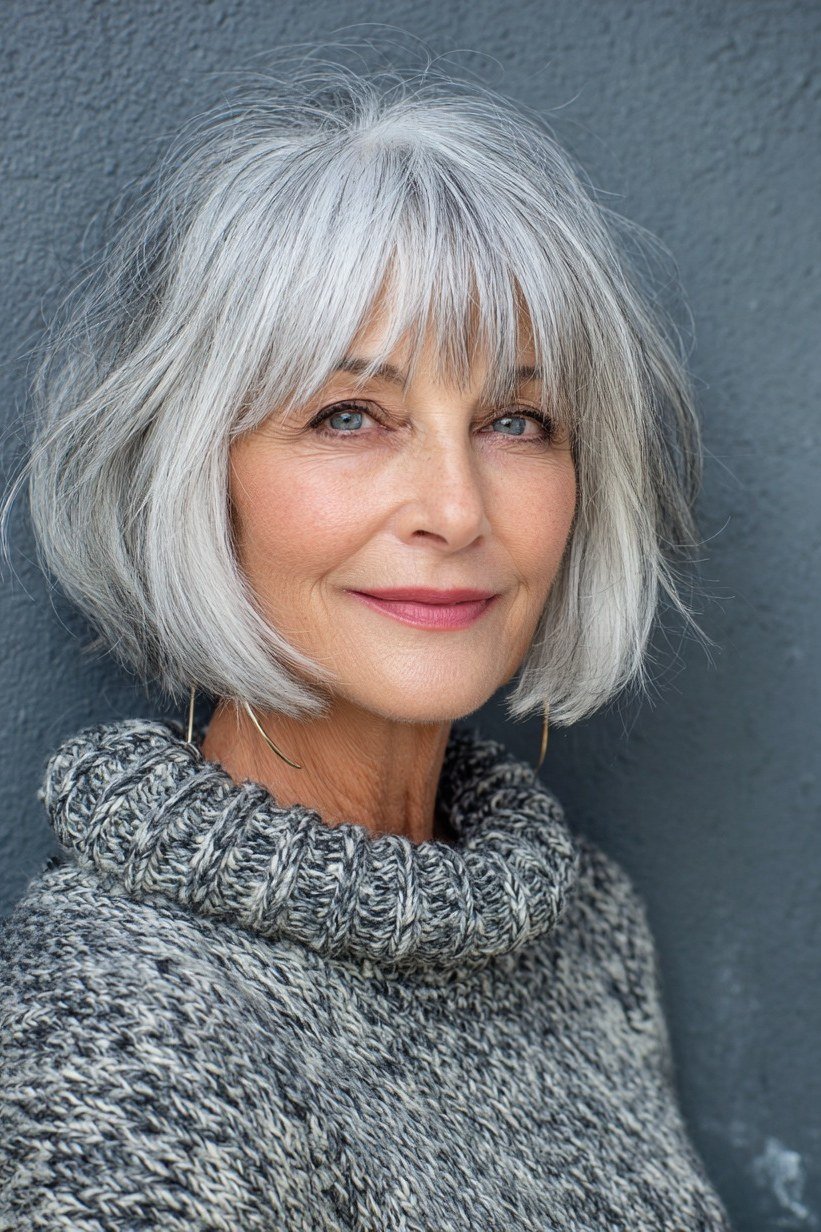 silver lob with bangs for women over 50, side view