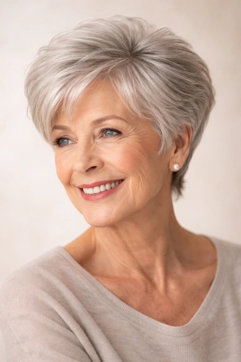Short white layered pixie, timeless hairstyle for women over 70