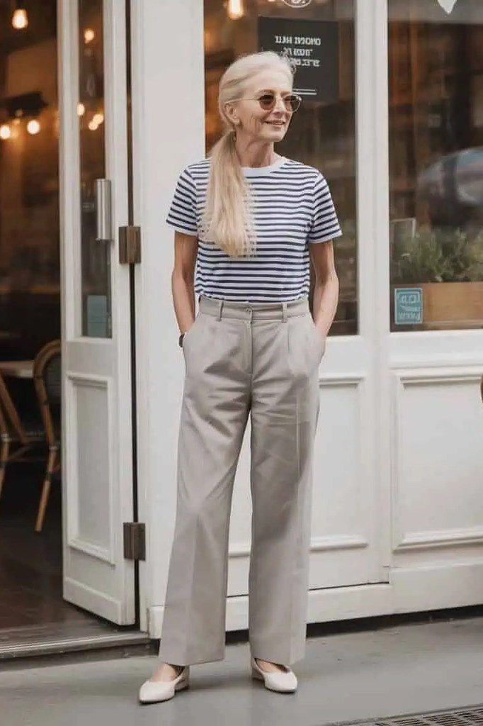 Striped Tee with Beige Wide-Leg Trousers - chic casual outfit for women over 50
