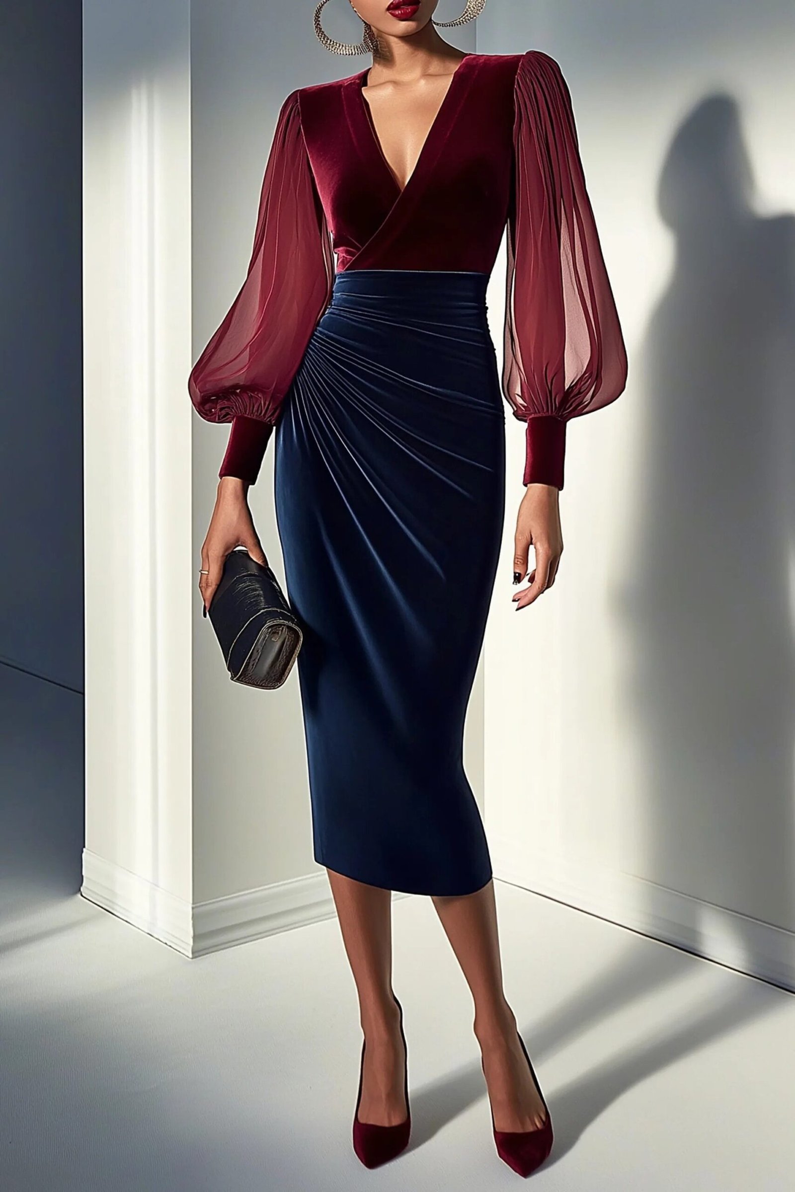 burgundy blouse with navy skirt, separates, elegant cocktail dress for women over 60