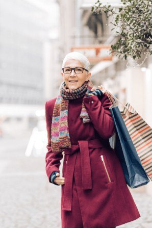 Burgundy Coat with a Colorful Scarf, classic casual outfit for women over 70