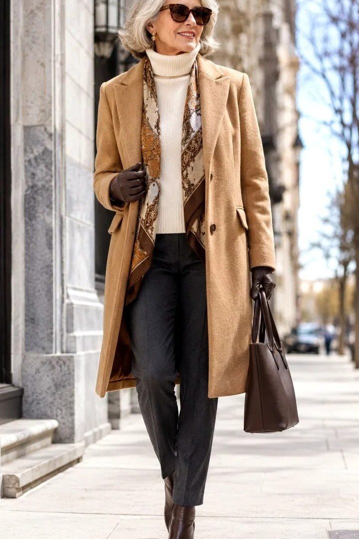 camel coat cream turtleneck printed scarf black trousers brown boots women over 50