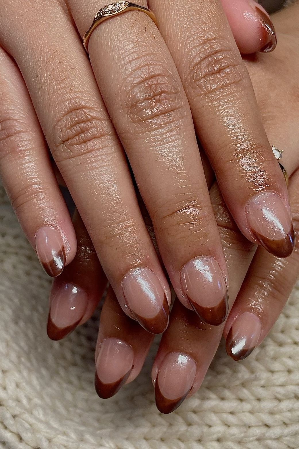 Brown French Tip Almond Nails with Knit - brown nail idea for women over 50