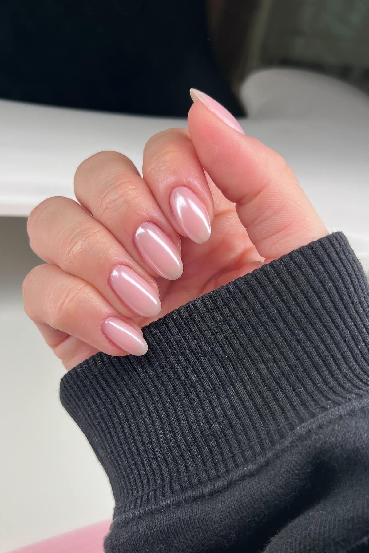 Soft Pink Chrome with a Gray Sweater - chrome nail designs for women over 60