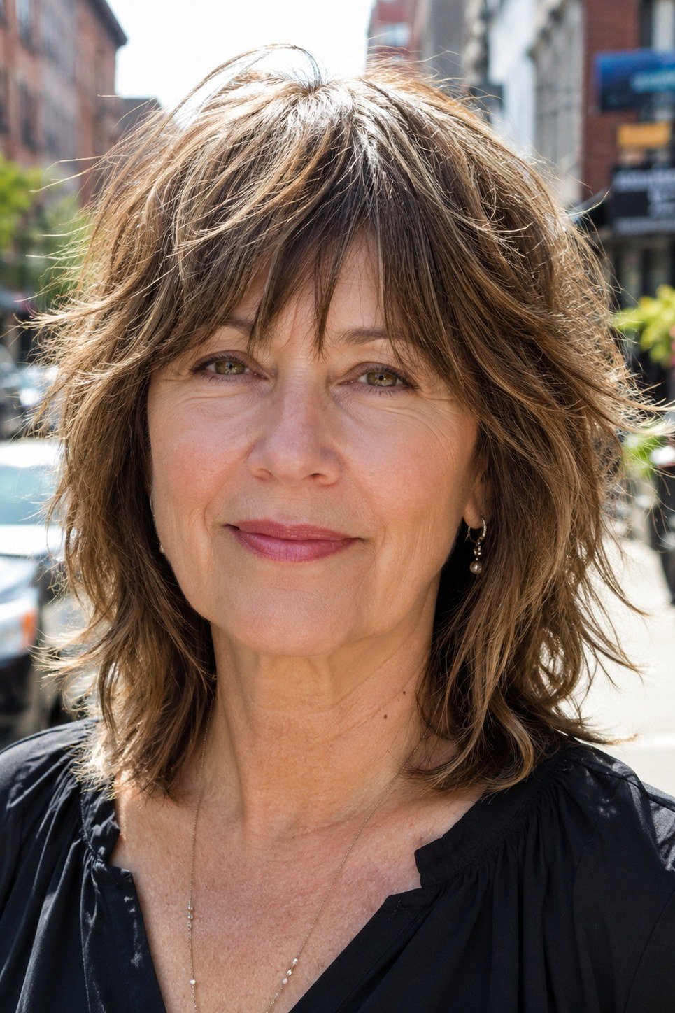 Layered Brunette Shag with Bangs - medium shag haircut for women over 40