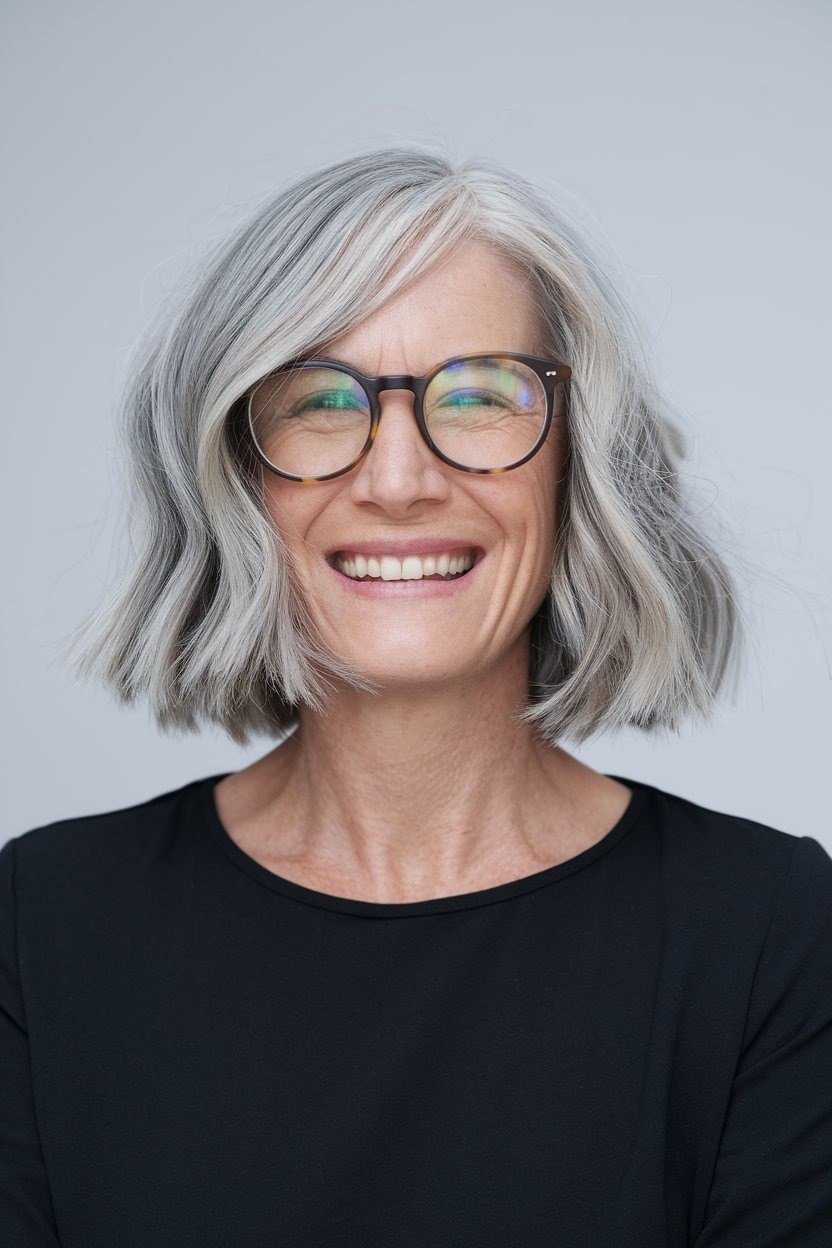 Silver Wavy Bob with Round Glasses, medium hairstyle for women over 70