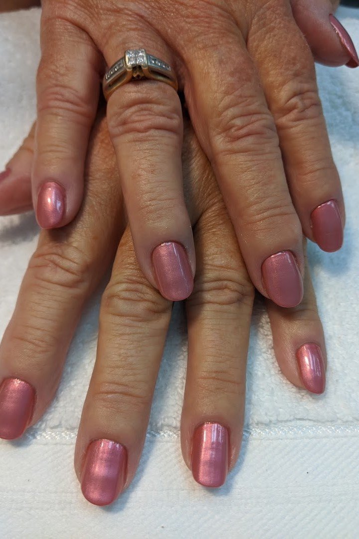 Rose-Pink Metallic Nails, nail color idea for women over 60