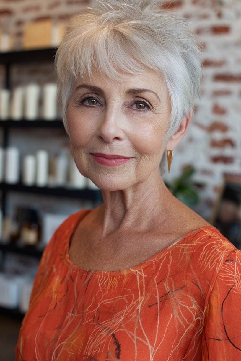 White Pixie with Feathered Fringe - sassy hairstyle for older women
