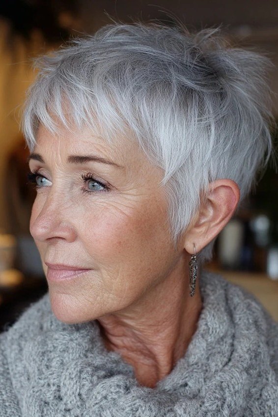 Expressive white pixie with tousled hair