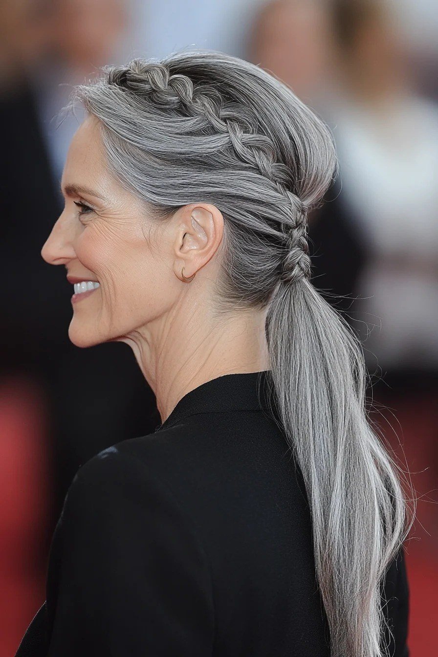 Long gray braided ponytail with loose waves for women over 50