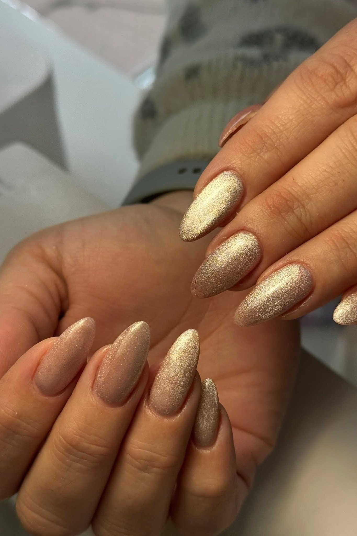 Champagne Metallic Almond Nails for women over 60