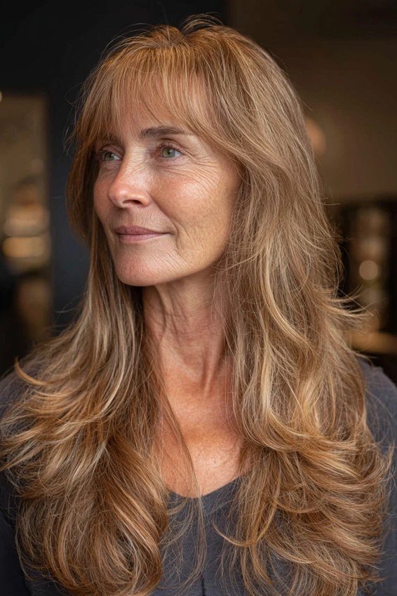 Long Brown-Blonde Butterfly Cut - butterfly cut hairstyle for women over 60
