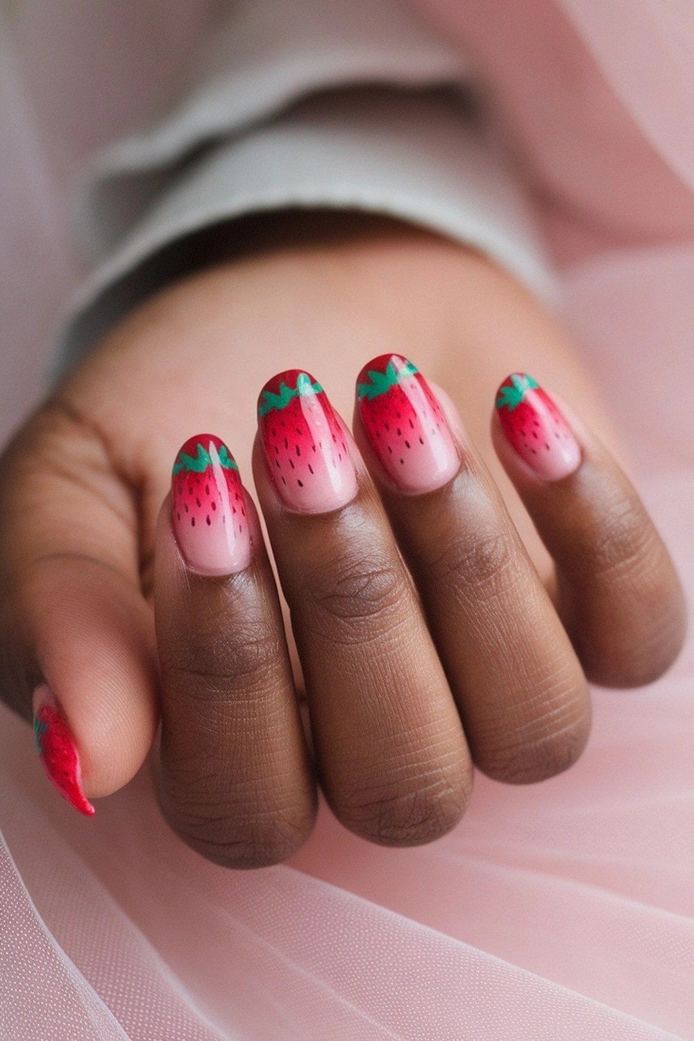 Pink to red ombre nails with strawberry tip art