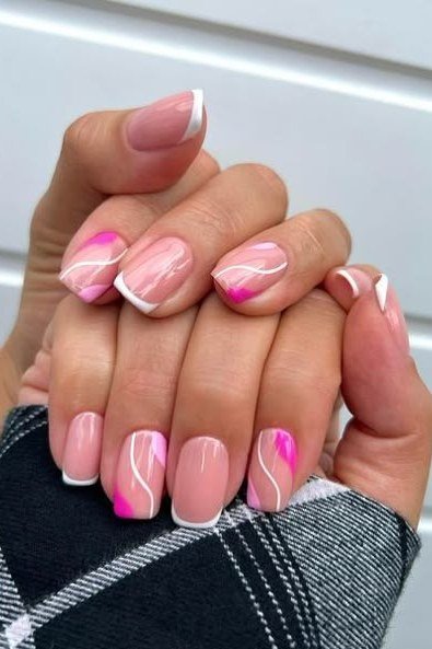 nude pink short nails with hot pink french tips