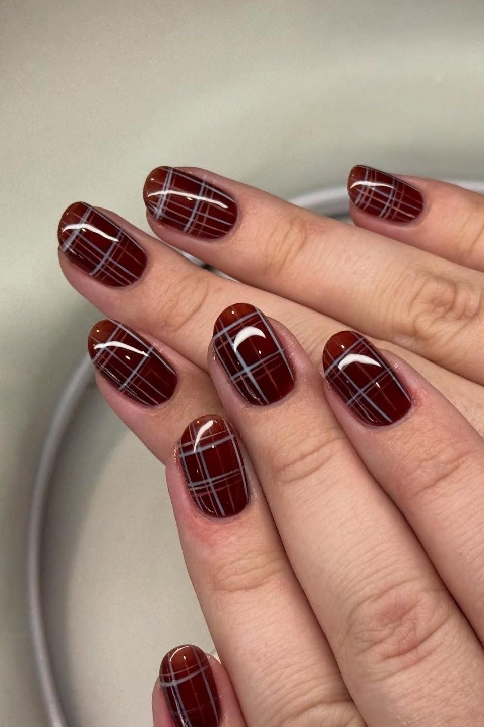 Burgundy plaid check, burgundy fall nail idea for women over 60