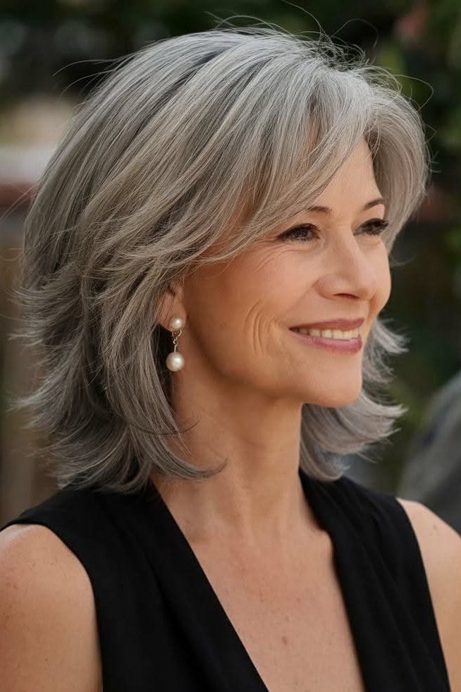 Silver Flipped Layered Lob - medium hairstyle for women over 60