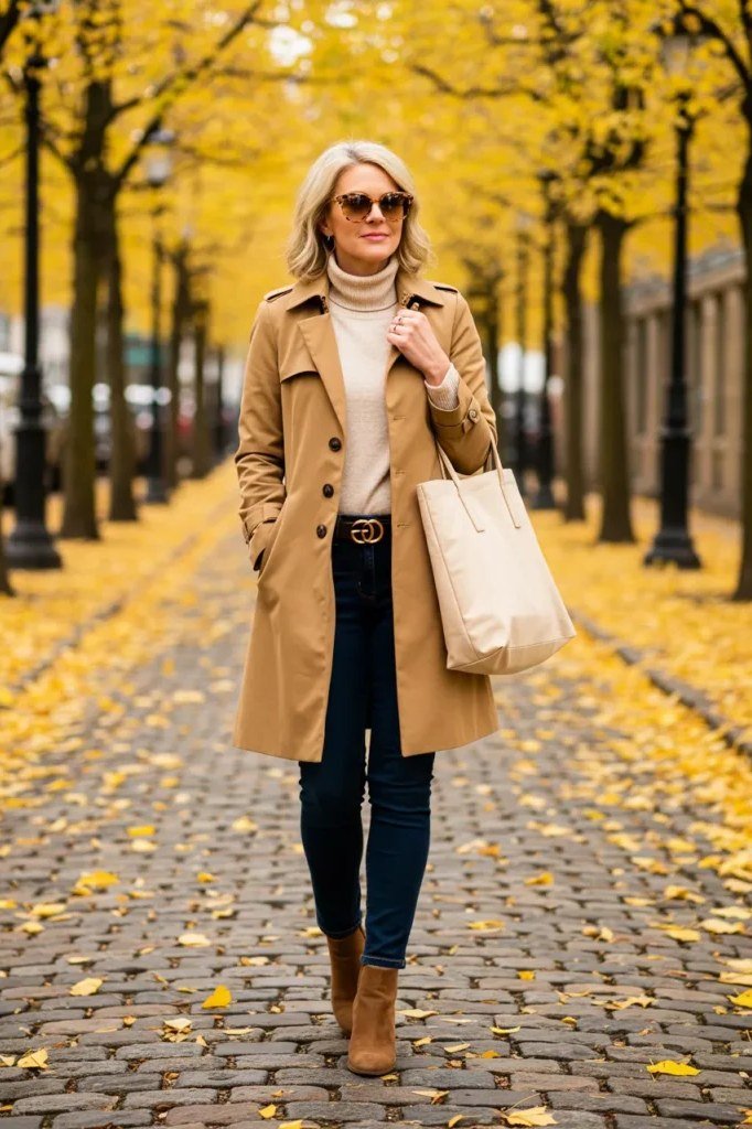 Tan trench coat with cream turtleneck, dark jeans and tan boots, fall outfit for women over 50
