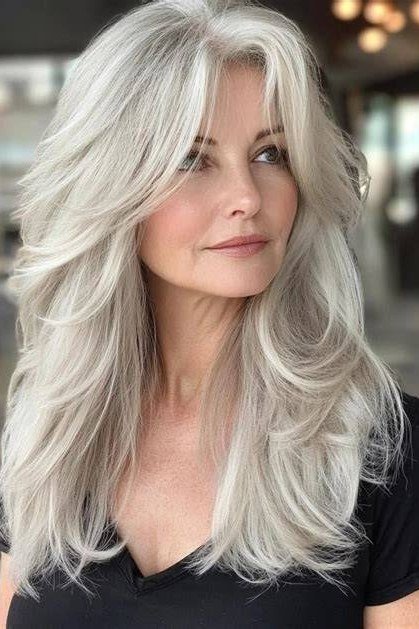 Long Silver Layers hairstyle for women over 60
