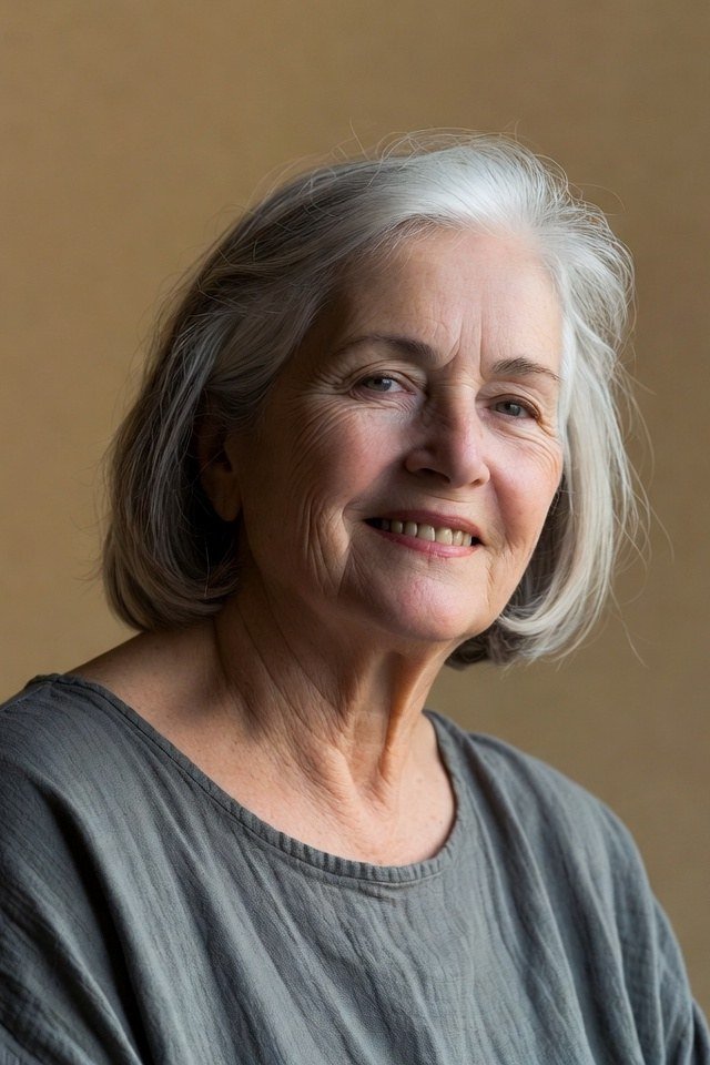 Gray medium bob haircut on an older woman, front view, medium hairstyle for women over 60
