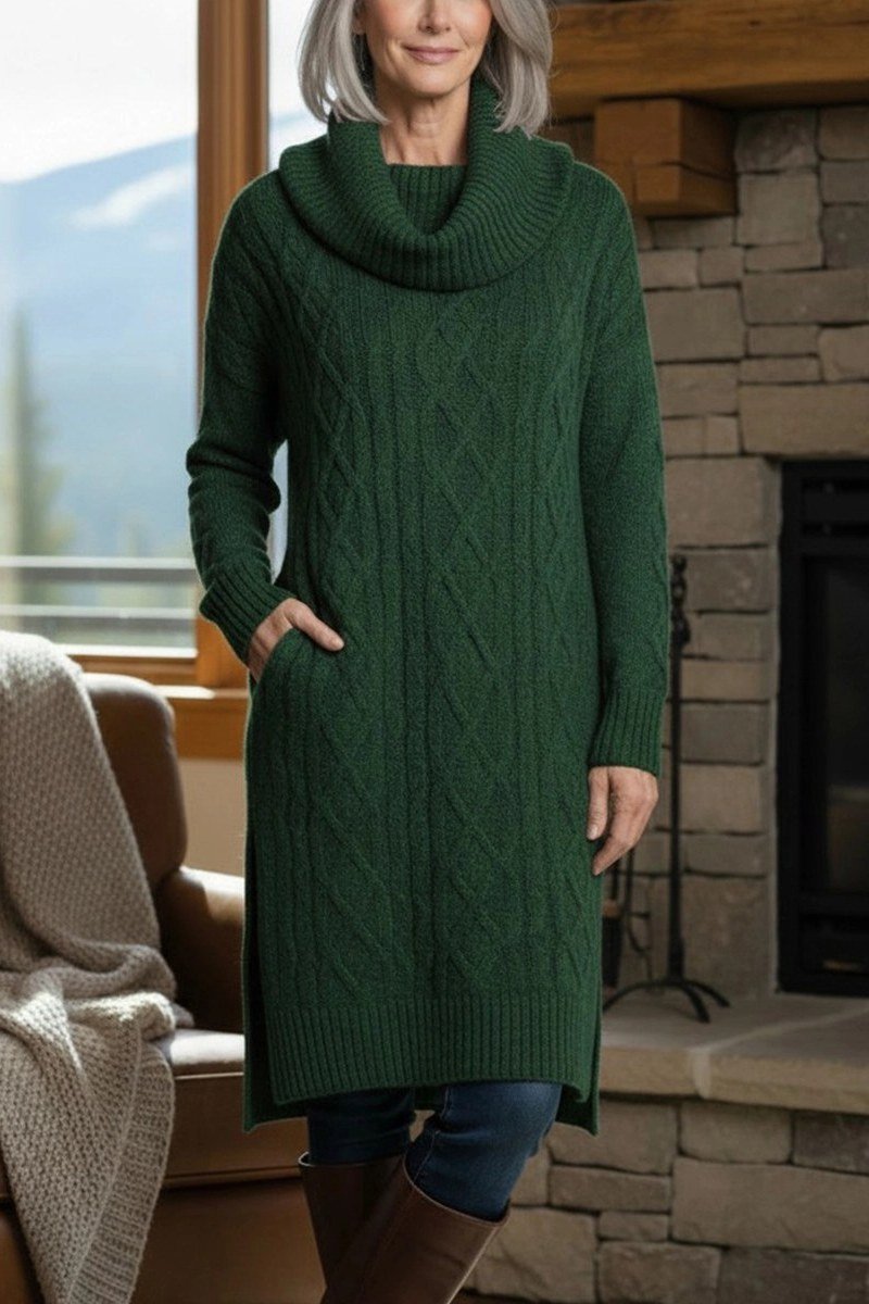 Forest green cowl-neck sweater dress for women over 60