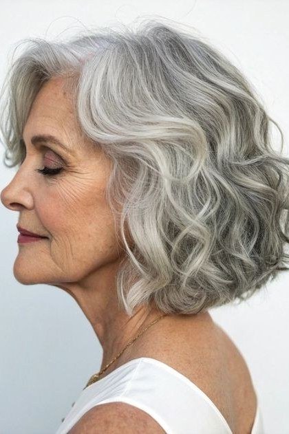 Grey wavy side bob for older women