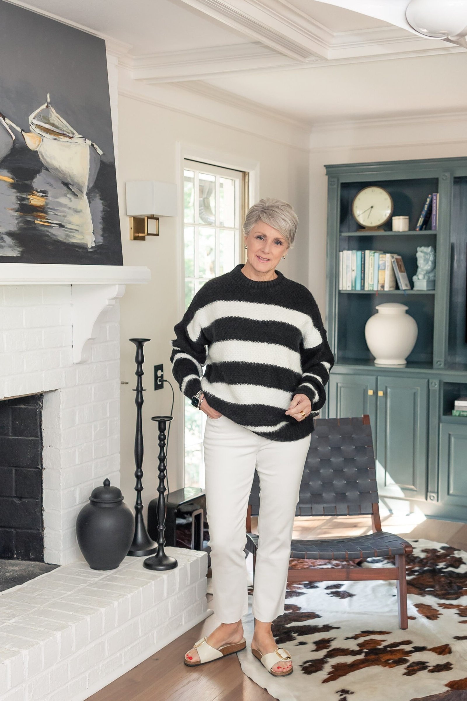 Bold Black and White Striped Sweater - fall outfit for women over 40