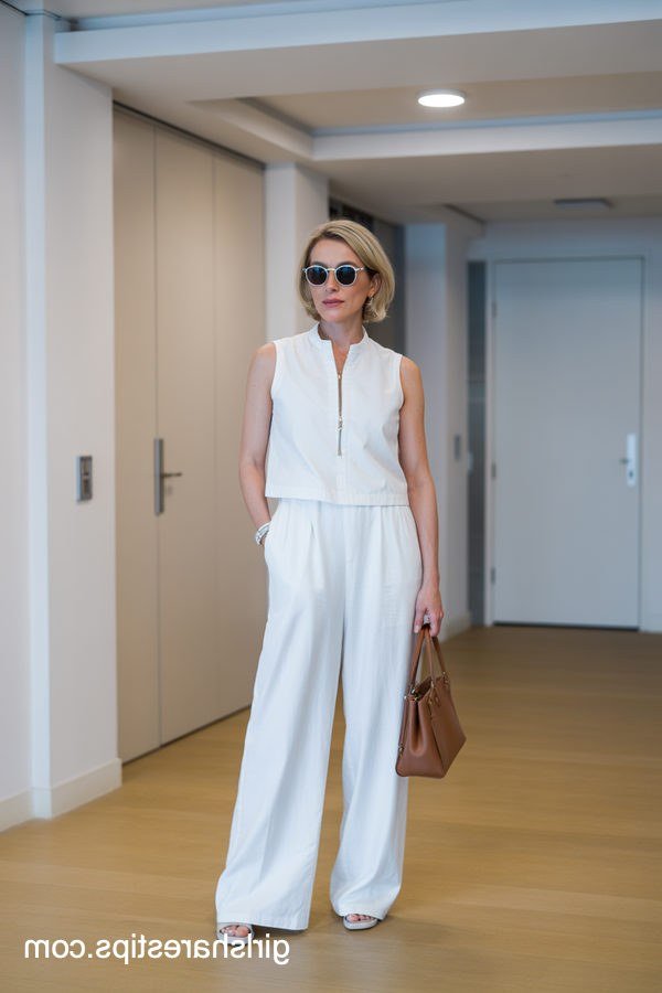 Work outfit for women over 40: white sleeveless top with white wide-leg trousers
