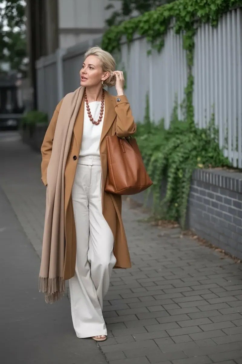 Elegant fall outfit for women over 70: camel coat with all-white layers