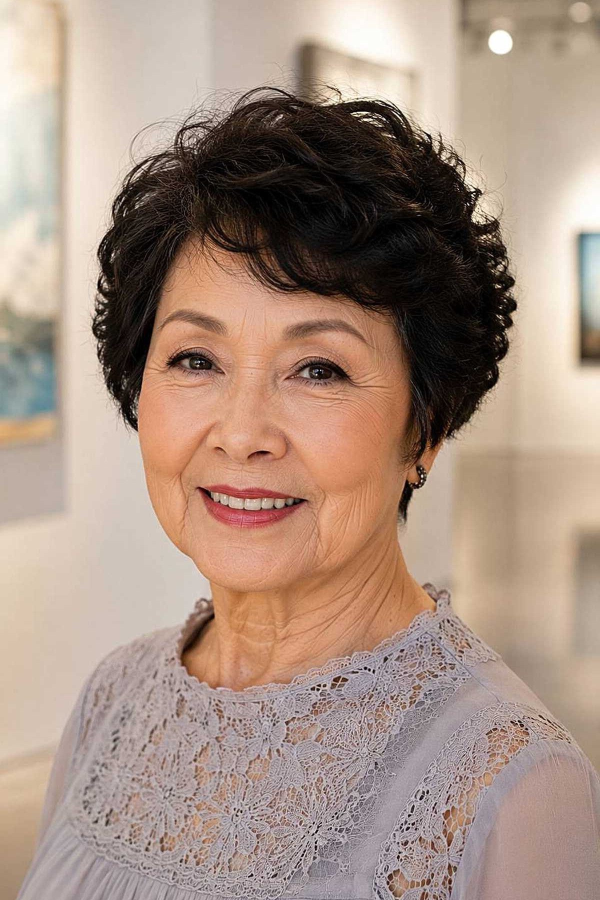 Dark curly crop haircut for older women