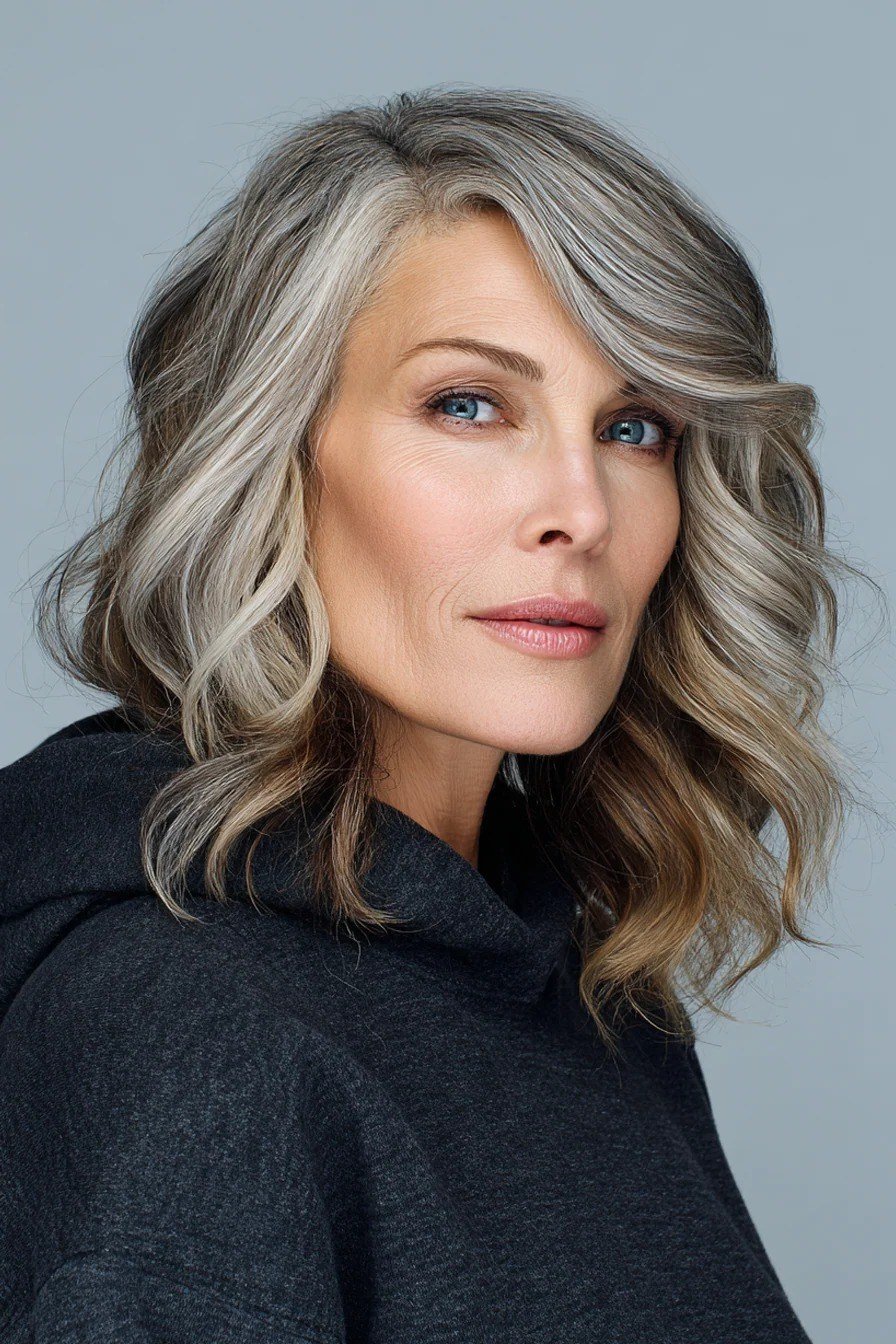 Gray silver layered lob for women over 50