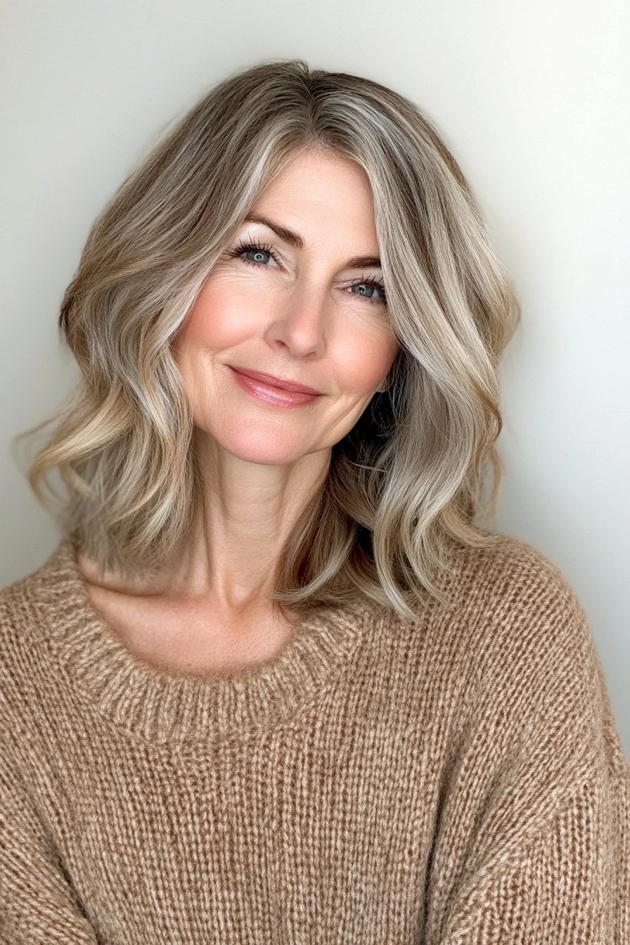 Golden dimensional blonde wavy layered medium-length hairstyle, front view, for women over 50