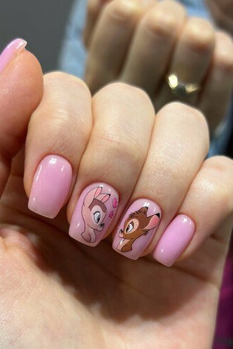 Pink short nails with Bambi portraits fall nail art