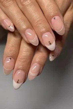 Nude Gel Nails with White Swirl Art - short gel nail idea for women over 50