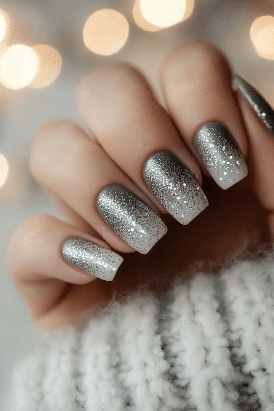 Silver Glitter Almond Nails, neutral nail ideas for older women