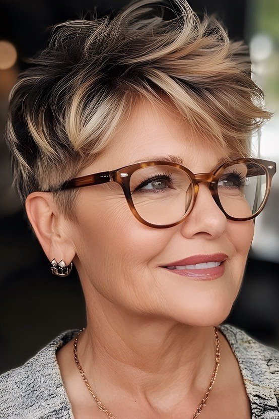 highlighted pixie with glasses for women over 50 front view