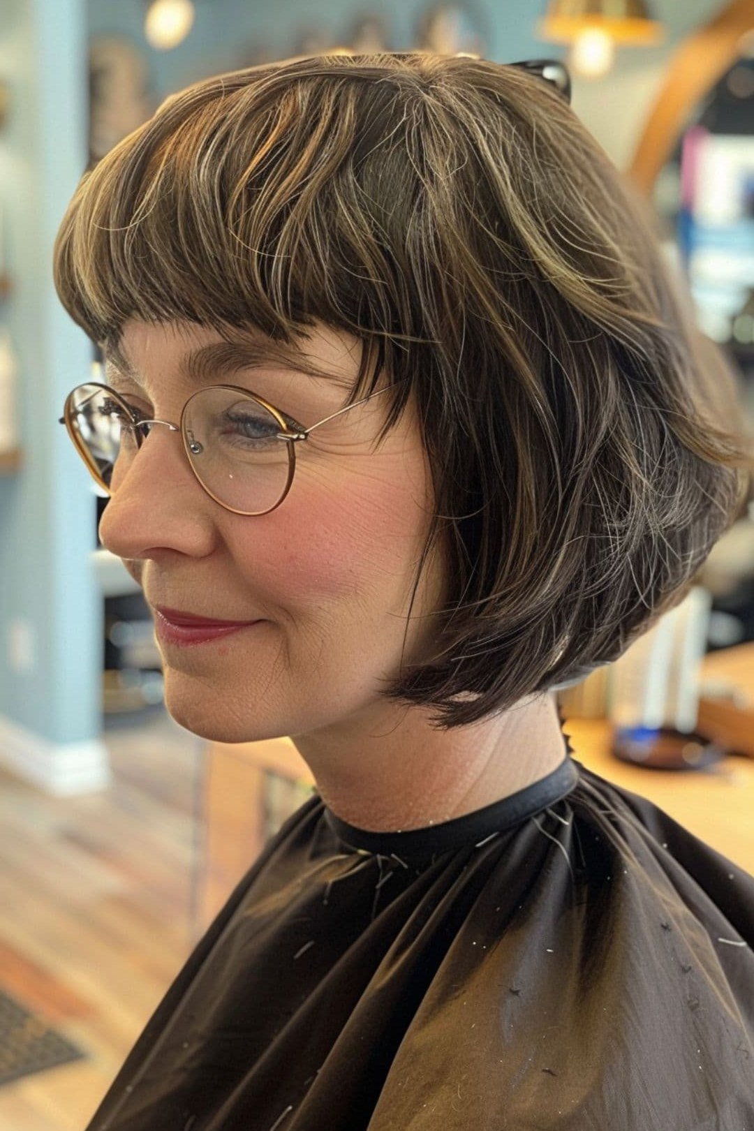 Brunette french bob with bangs and glasses in salon