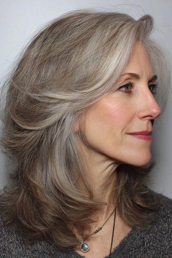 Layered Grey Medium Hair - grey hairstyle for women over 60
