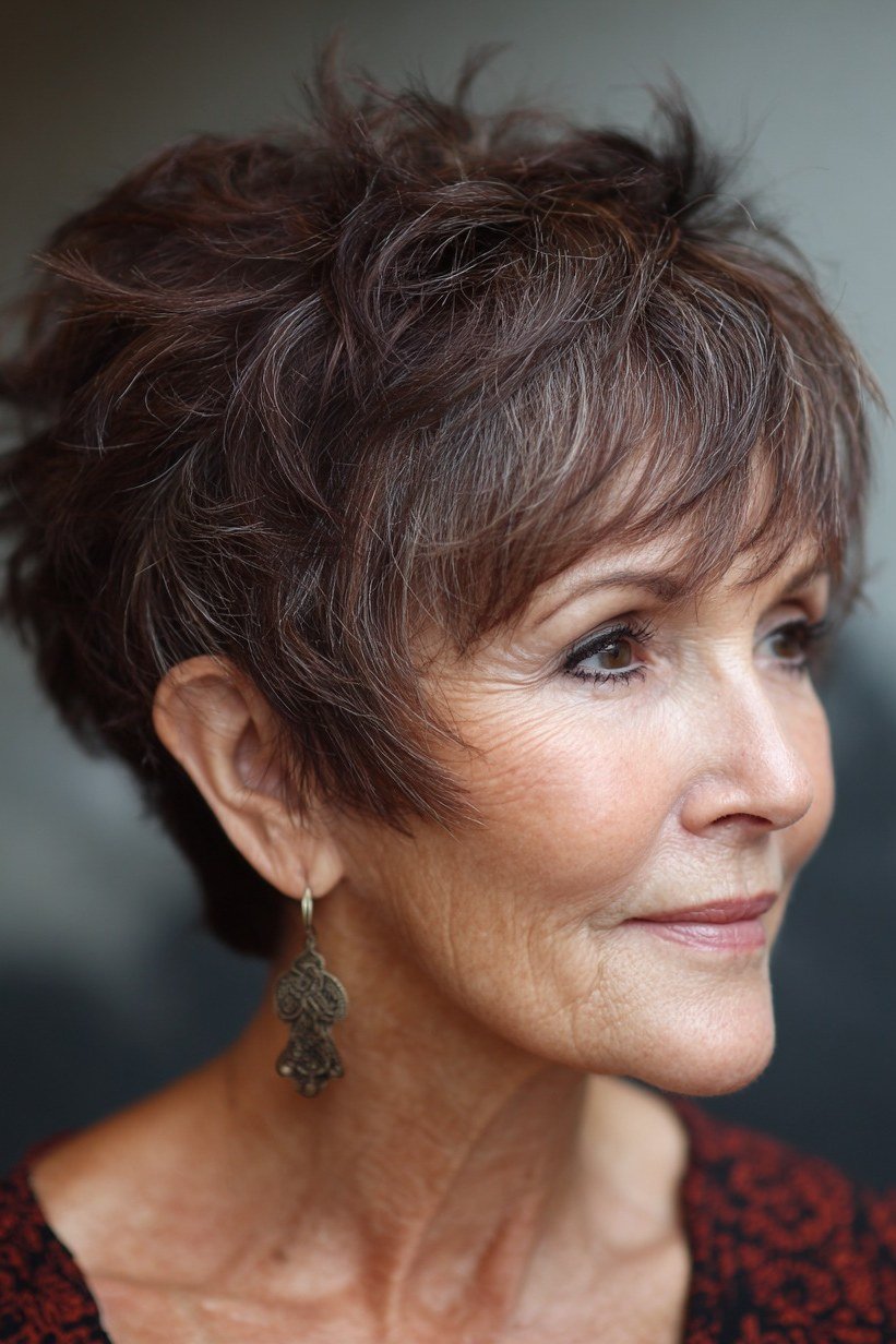 Dark chocolate feathered pixie, full textured fringe, three-quarter view for women over 60