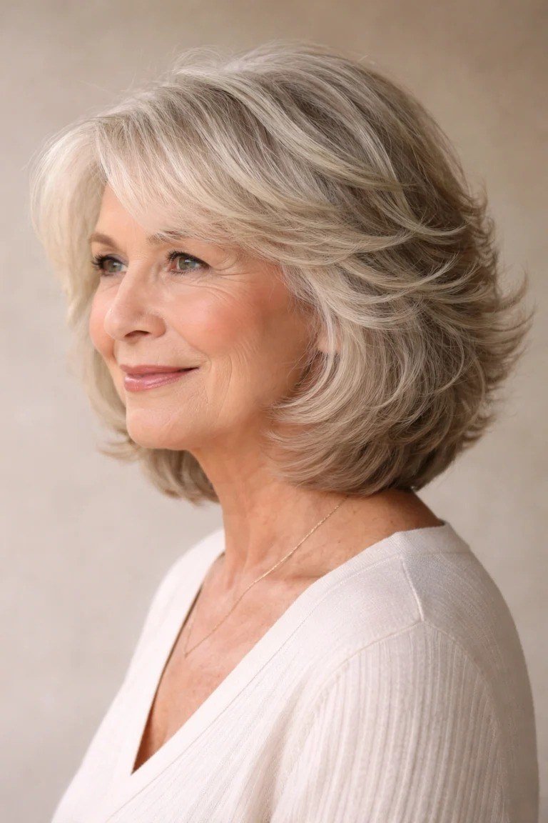 Flipped blonde layered shag for women over 60, side view