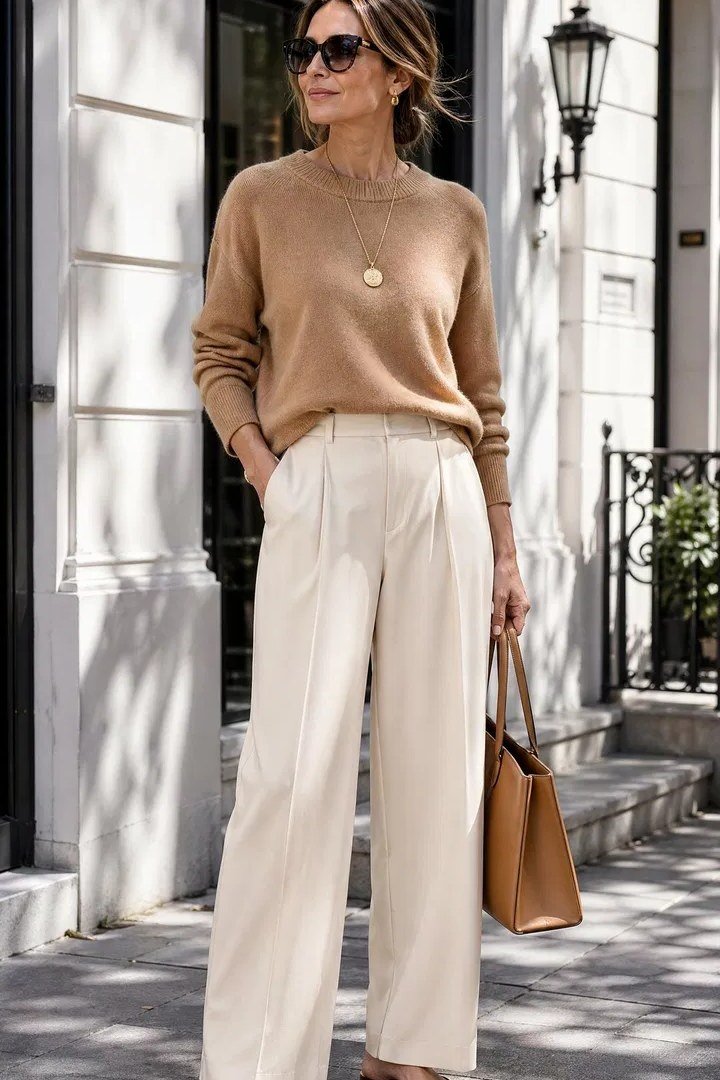 Camel knit sweater with cream wide-leg trousers and a tan leather tote, soft weekend outfit for women over 40