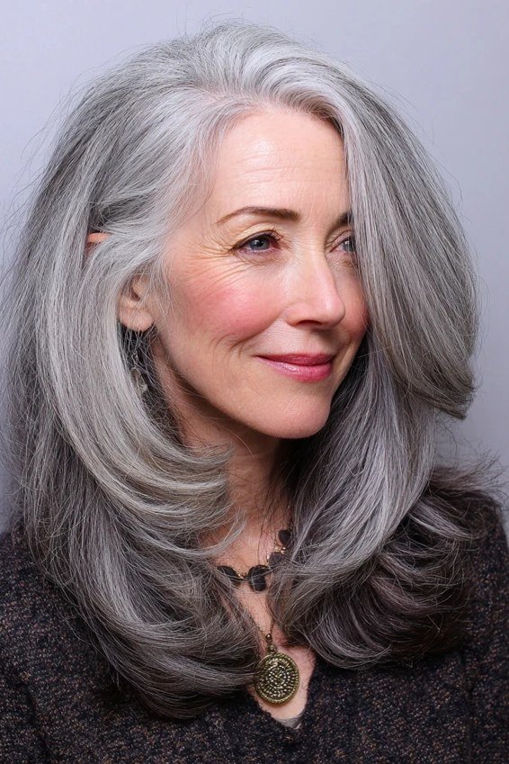 Long straight silver hair with center part